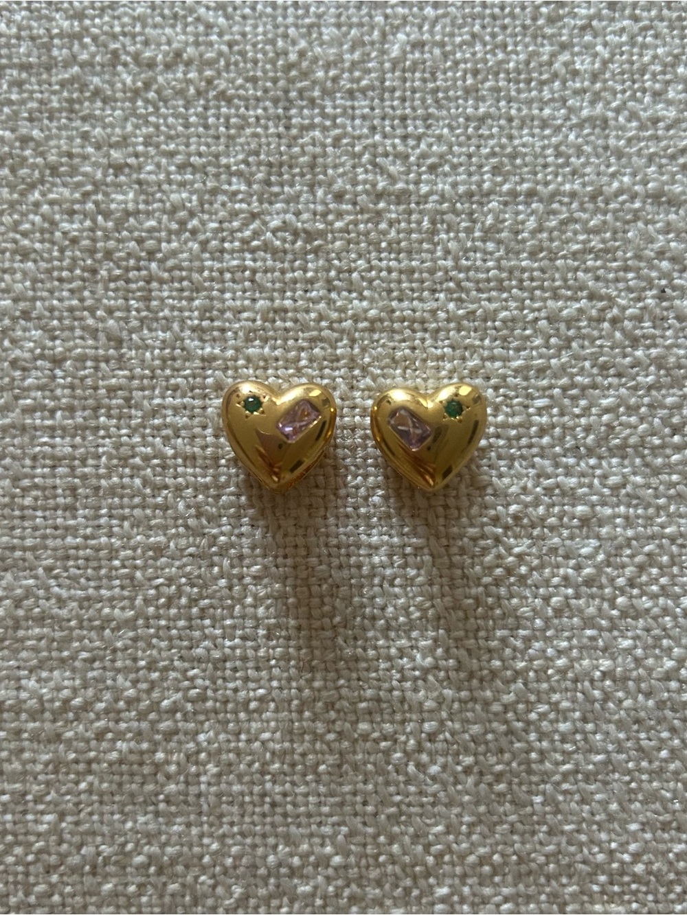Gold Heart Huggie Stud Earrings with Pink and Green Accents